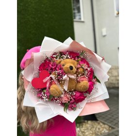   Valentin-napi plüssmacis pink rózsacsokor – Kedvesség és romantika egy csokorban